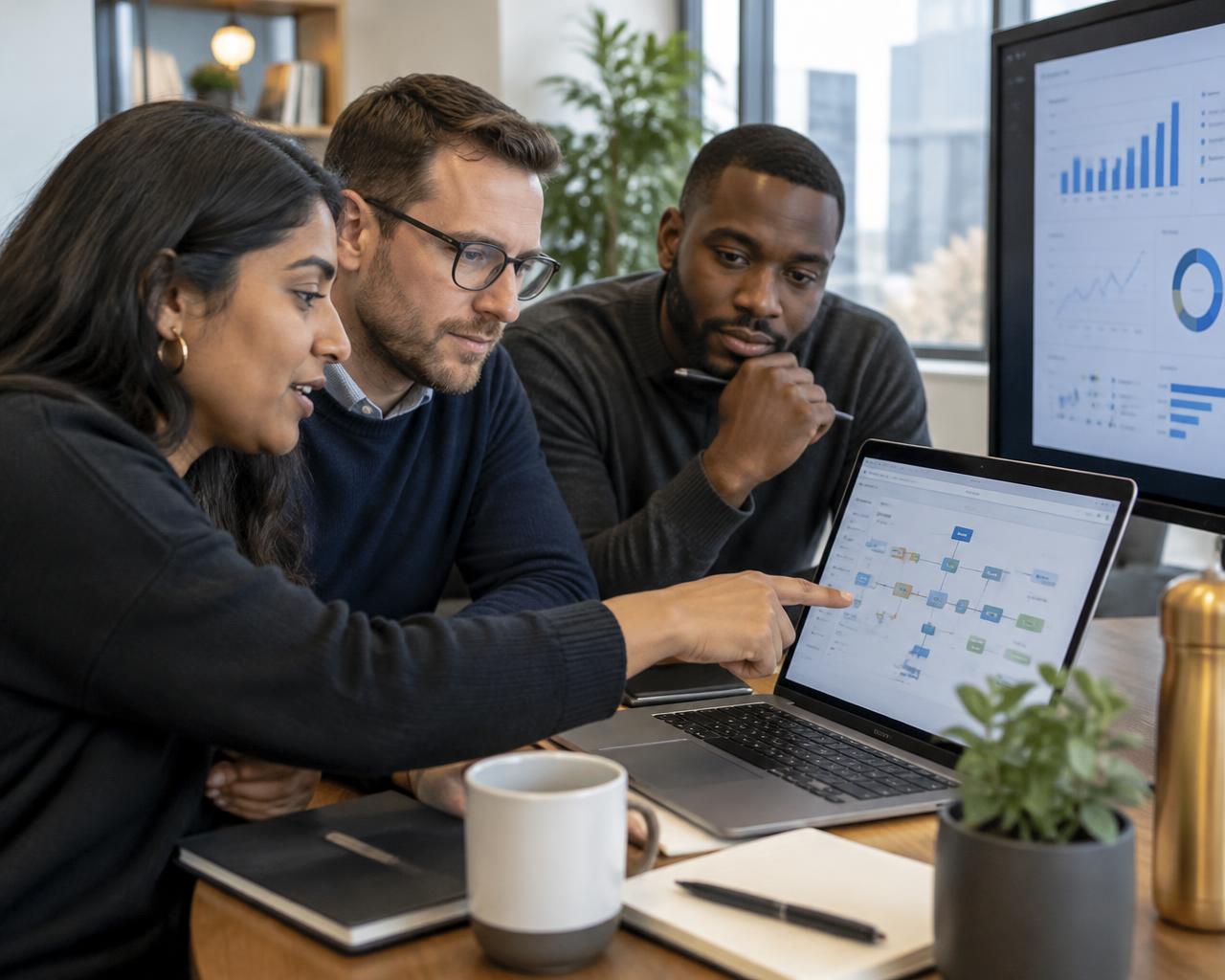 Consultants collaborating on a digital process diagram and analytics dashboard